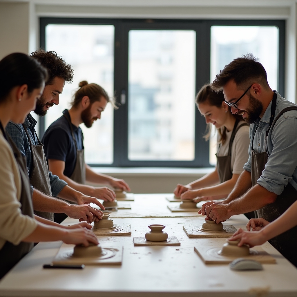 Echipă corporate participând la un workshop de ceramică pentru team building
