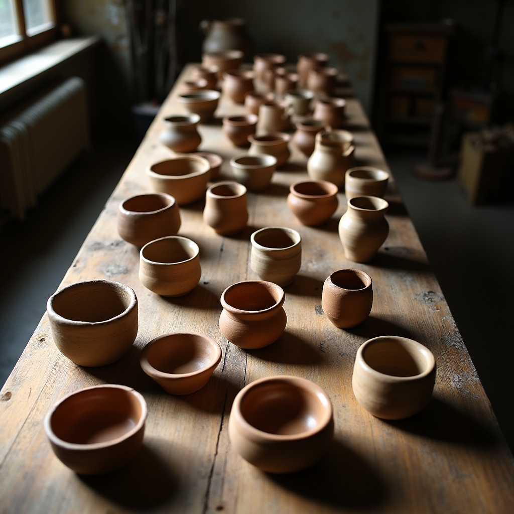 Piese de ceramică finalizate așezate pe o masă de lemn din atelier