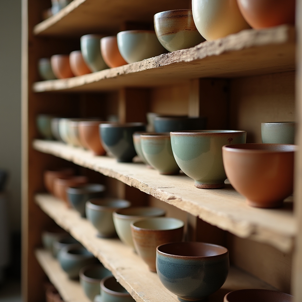 Bolurile de ceramică glazuite așezate pe un raft de lemn în atelier